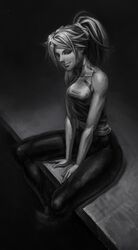  absurdres bleach breasts commentary_request dark-skinned_female dark_skin female foton-ike greyscale highres long_hair md5_mismatch medium_breasts monochrome ponytail shihouin_yoruichi smile solo stitched third-party_edit 