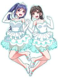  2girls :d black_eyes black_hair blue_hair blue_outline blush clenched_hands commentary_request dress elbow_gloves gloves hands_up holding_hands lace looking_at_viewer love_live! love_live!_sunshine!! matsuura_kanan multiple_girls open_mouth outline ponytail purple_eyes round_teeth shoes sidelocks simple_background smile suwa_nanaka teeth thank_you_friends!! tiara upper_teeth_only voice_actor voice_actor_connection white_background white_dress white_footwear white_gloves yopparai_oni 