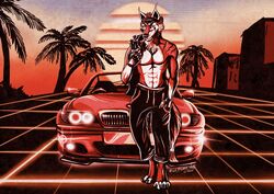  2018 80&#039;s_theme anthro bandana bmw bmw_330ci canid canine canis car clothed clothing gloves grid handwear kerchief looking_at_viewer lupinemoonfeather male mammal outside palm_tree partially_clothed plant red_baron_(lupinemoonfeather) red_theme retro scar solo standing synthwave topless tree vehicle warm_colors wolf 