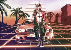  2018 80&#039;s_theme anthro bandana bmw bmw_330ci canid canine canis car chromatic_aberration clothed clothing gloves grid handwear kerchief looking_at_viewer lupinemoonfeather male mammal outside palm_tree partially_clothed plant red_baron_(lupinemoonfeather) red_theme retro scar solo standing synthwave topless tree vehicle warm_colors wolf 