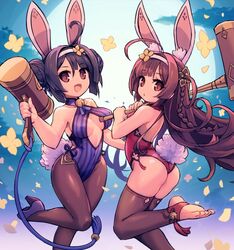  2girls :d ahoge animal_ear_fluff animal_ears ass azur_lane backless_leotard bare_shoulders bell black_legwear breasts brown_hair chingisu collarbone commentary_request covered_navel double_bun fake_animal_ears full_moon hair_bun hairband high_heels holding jingle_bell leg_up leotard long_hair looking_at_viewer mallet medium_breasts midriff moon multiple_girls ning_hai_(azur_lane) ning_hai_(moon_palace_rabbit)_(azur_lane) official_alternate_costume open_mouth orange_eyes pantyhose ping_hai_(azur_lane) ping_hai_(osmanthus_moon_rabbit)_(azur_lane) playboy_bunny purple_footwear purple_hair purple_leotard rabbit_ears rabbit_tail red_leotard shoes short_hair smile stirrup_legwear striped_clothes striped_leotard tail tassel thighhighs toeless_legwear vertical-striped_clothes vertical-striped_leotard white_hairband 