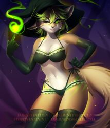  2018 5_fingers accessory adorableinall anthro armwear bikini biped black_eyebrows black_nose bra breasts canid canine cheek_tuft cleavage clothed clothing collaboration digital_media_(artwork) elbow_gloves eyebrows eyelashes facial_tuft female fingers fluffy fluffy_tail fox fur garter gesture gloves green_eyes green_hair hair halloween hand_gesture handwear hat headgear headwear hi_res holidays jade_faircrest leg_garter legwear long_tail magic magic_user mammal midriff multicolored_body multicolored_fur navel nitricacid one_eye_closed panties pointing red_fox simple_background skimpy smile solo standing stockings string_bikini swimwear tail tan_body tan_fur tan_tail thigh_highs tight_clothing true_fox tuft two_tone_body two_tone_fur two_tone_tail underwear wide_hips wink witch witch_hat 