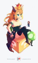  1-up_mushroom 1boy ?_block armlet bad_id bad_pixiv_id bare_shoulders between_legs black_collar black_dress black_thighhighs blonde_hair blue_eyes blue_gemstone blue_overalls blurry bowsette bracelet breasts brooch brown_footwear cleavage closed_mouth collar collarbone commentary_request crown depth_of_field dress earrings english_text facial_hair female fingernails full_body gem gloves gold_trim hair_down hat horns jewelry knee_up long_hair mario mario_(series) medium_breasts moustache mushroom new_super_mario_bros._u_deluxe overalls patreon_logo pointy_ears princess red_hat red_shirt sharp_fingernails shell shirt shoes sidelocks simple_background sitting smile soar solo_focus spiked_armlet spiked_bracelet spiked_collar spiked_shell spiked_tail spikes strapless strapless_dress super_crown tail thighhighs turtle_shell white_gloves 