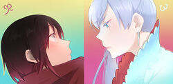  2girls black_hair commentary_request earrings gradient_background jewelry long_hair looking_away multiple_girls ruby_rose rwby short_hair split_screen udo_(zzinya) weiss_schnee white_hair yuri 