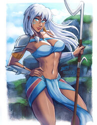  1girls atlantis:_the_lost_empire blue_eyes cleavage dark-skinned_female disney iahfy kida large_breasts loincloth long_hair outdoors royalty shoulder_armor spear thick_thighs thunder_thighs voluptuous white_hair 