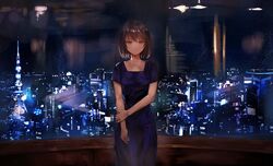  black_hair blue_dress breasts city_lights cityscape closed_mouth collarbone commentary_request dress female highres holding_own_arm indoors jewelry kyota07 looking_at_viewer medium_breasts necklace night night_sky original purple_eyes scenery short_hair short_sleeves sidelocks sky smile solo standing star_(sky) starry_sky tower window 