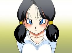  absurdres angry basara black_hair blue_eyes blush breasts collarbone dragon_ball dragon_ball_z female highres long_hair looking_at_viewer simple_background solo staring twintails videl 