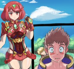  2boys between_breasts blue_sky breasts cloud covered_navel day english female heart homura_(xenoblade_2) invitation madartraven multiple_boys nervous outdoors red_eyes red_hair rex_(xenoblade_2) short_hair shorts skindentation sky smile sweat text wide-eyed xenoblade xenoblade_2 