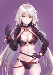  absurdres ahoge atora bad_id bad_pixiv_id belt bikini black_bikini black_choker black_gloves black_jacket blush breasts choker closed_mouth collarbone commentary_request cropped_jacket fate/grand_order fate_(series) female gloves hand_on_own_hip highres hip_focus jacket jeanne_d&#039;arc_alter_(fate) jeanne_d&#039;arc_alter_(swimsuit_berserker)_(fate) large_breasts long_hair looking_at_viewer navel o-ring o-ring_bikini pale_skin partial_commentary purple_background simple_background smile solo swimsuit thighs very_long_hair white_hair yellow_eyes 