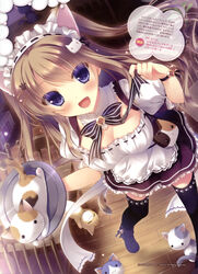  :&lt; :3 :d absurdres animal_ears bell black_legwear breasts brown_hair cat_ears cat_hair_ornament cat_tail chair cleavage closed_eyes detached_collar feline female hair_ornament hairclip highres jingle_bell legs long_hair maid_headdress medium_breasts nekomori_mike nyan_cafe_macchiato oerba_yun_fang open_mouth paw_print puffy_short_sleeves puffy_sleeves purple_eyes ribbon shoes short_sleeves smile table tail thighhighs two_side_up waitress wooden_floor wrist_ribbon yukie_(peach_candy) 