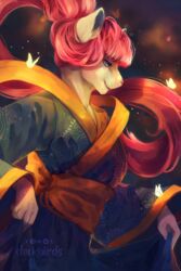  2018 2:3 5_fingers anthro arthropod asian_clothing blue_eyes butterfly clockbirds clothed clothing digital_media_(artwork) east_asian_clothing eyelashes felid female fingers hair half-length_portrait hi_res humanoid_hands insects japanese_clothing jumpstart_games kimono kougra lepidopteran long_hair looking_down luqu mammal neomorph_(neopets) neopet_(species) neopets pink_hair ponytail portrait smile solo 