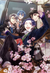  4boys absurdres amaha_tsubasa artist_request black_eyes black_hair blue_eyes blue_hair flower glasses grey_eyes grey_hair headphones highres kanakubo_homare kinose_azusa multiple_boys necktie one_eye_closed open_mouth school_uniform seigetsu_academy_school_uniform shiranui_kazuki starry_sky_(game) yellow_eyes 