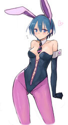  :/ aimitsu_(ibityuttyu) akuma_no_riddle alternate_costume animal_ears arm_at_side arm_behind_back ass_visible_through_thighs azuma_tokaku bare_shoulders between_breasts black_gloves black_leotard black_necktie blue_eyes blue_hair blush breasts breasts_apart center_opening closed_mouth collarbone commentary_request contrapposto cowboy_shot cross-laced_clothes detached_collar diagonal_stripes elbow_gloves embarrassed fake_animal_ears female flying_sweatdrops gloves groin hair_between_eyes heart heart-shaped_pupils highleg highleg_leotard highres hip_focus leaning_to_the_side legs_apart leotard looking_at_viewer medium_breasts necktie necktie_between_breasts pantyhose parted_bangs playboy_bunny purple_necktie purple_pantyhose rabbit_ears short_hair short_necktie simple_background sleeve_cuffs solo spoken_heart standing strapless strapless_leotard striped striped_necktie sweatdrop symbol-shaped_pupils white_background 