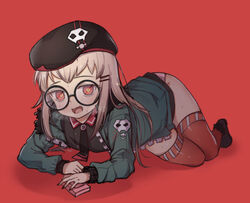  beret black-framed_eyewear commentary_request echu female full_body girls&#039;_frontline glasses green_jacket hair_ornament hairclip hat jacket light_brown_hair long_hair oerba_yun_fang open_clothes open_jacket red_eyes round_eyewear simple_background solo type_80_(girls&#039;_frontline) 