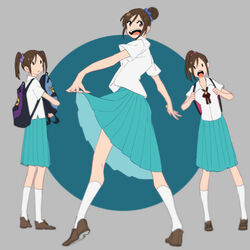  3girls :o aged_up backpack bad_id bad_pixiv_id bag blue_scrunchie bow brown_eyes brown_hair con_potata hair_bun hair_ornament hair_scrunchie holding_strap kneehighs multiple_girls nishigoori_axel nishigoori_loop nishigoori_lutz open_mouth pink_scrunchie pleated_skirt ponytail purple_scrunchie school_uniform scrunchie siblings single_hair_bun sisters skirt skirt_hold smile socks teenage triplets twintails white_legwear yuri!!!_on_ice 