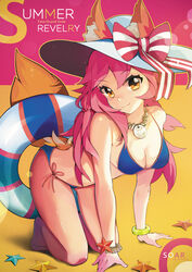  animal_ear_fluff animal_ears arm_support artist_name bad_id bad_pixiv_id bare_shoulders barefoot bikini blue_bikini bow bracelet breasts cleavage closed_mouth commentary copyright_name day ears_through_headwear fate/grand_order fate_(series) female fox_ears fox_girl fox_tail full_body halterneck hat hat_bow highres innertube jewelry kneeling large_breasts leaning_forward long_hair looking_at_viewer necklace photoshop_(medium) pink_hair ribbon side-tie_bikini_bottom smile soar solo starfish string_bikini striped striped_bow sun_hat swim_ring swimsuit tail tamamo_(fate) tamamo_no_mae_(swimsuit_lancer)_(fate) tamamo_no_mae_(swimsuit_lancer)_(third_ascension)_(fate) thighs white_hat yellow_eyes 