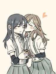  2girls arashio_(kancolle) arm_warmers asashio_(kancolle) black_hair blouse brown_hair closed_eyes commentary_request kantai_collection kissing kissing_cheek long_hair multiple_girls pleated_skirt ponke school_uniform shirt simple_background skirt suspenders white_shirt yuri 