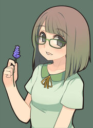  blush brown_hair commentary_request female flower glasses green-framed_eyewear grey_eyes highres holding holding_flower long_hair open_mouth original oza_watto simple_background smile solo 