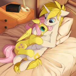  1:1 2018 absurd_res bed cuddling cutie_mark drawers duo equid equine fan_character feathered_wings feathers female feral fluttershy_(mlp) friendship_is_magic furniture hair hasbro hi_res horn horse inside lying male male/female mammal my_little_pony mythological_creature mythological_equine mythology on_back on_bed on_side pegasus pillow pink_hair pony smile unicorn vistamage wings 