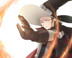  1boy brown_eyes brown_gloves brown_hair cape casting_spell commentary_request fire fire_emblem fire_emblem_awakening foreshortening frown glasses gloves hat kiyuu laurent_(fire_emblem) magic male_focus outstretched_arm puffy_sleeves ring_of_fire serious simple_background solo white_background witch_hat 