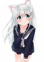  animal_ears ass_visible_through_thighs bad_id bad_pixiv_id black_serafuku black_shirt black_skirt blue_eyes blush cacao_(chocolat) cat_ears chocola_(cacao) closed_mouth collarbone commentary_request female fingernails hair_between_eyes hair_ornament hairclip hand_on_leg hand_up head_tilt highres leaning_forward long_hair long_sleeves looking_at_viewer original pleated_skirt school_uniform serafuku shirt sidelocks silver_hair simple_background skirt smile solo v very_long_hair white_background 