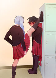  2girls black_hair black_pantyhose black_socks blazer blush cape commentary_request covered_face foot_kabedon full_body hand_on_own_hip hood jacket kabedon leg_up leggings locker locker_foot_kabedon_(meme) long_hair long_sleeves meme multiple_girls pantyhose parody ruby_rose rwby school_uniform shoes short_hair skirt socks split standing standing_on_one_leg standing_split tiara udo_(zzinya) weiss_schnee white_hair yuri 