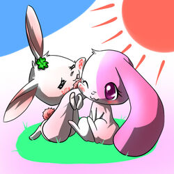  1:1 :3 anthro aru-wai-o chest_tuft closed_eyes clover_(happy_happy_clover) clover_(plant) cuddling daww domestic_rabbit duo eyelashes female fur happy_happy_clover japanese lagomorph leporid long_ears lop_rabbit mallow_(happy_happy_clover) mammal one_eye_closed oryctolagus pink_body pink_eyes pink_fur pixiv plant rabbit sayuri_tatsuyama shamrock short_fur sun tuft white_body white_fur wink 