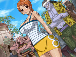  arlong arms_behind_back bare_shoulders black_eyes blush breasts cleavage conomi_islands east_blue female hatchan highres hips huge_breasts legs monster monster_boy multiple_boys nami nami_(one_piece) one_piece orange_hair pirate shirt short_hair skirt smile standing tattoo thighs white_hair 