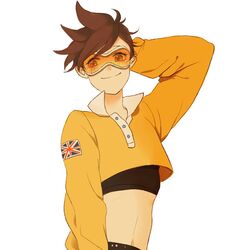  alternate_costume arm_behind_head arm_up bad_id bad_twitter_id black_shorts brown_eyes brown_hair buttons casual closed_mouth crop_top ear_piercing female freckles goggles long_sleeves midriff navel no_harness orange_goggles overwatch overwatch_1 perio_67 piercing shirt short_hair short_shorts shorts simple_background smile solo spiked_hair swept_bangs tracer_(overwatch) union_jack upper_body white_background yellow_shirt 