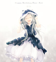  airi_(robotics;notes) bad_link black_dress character_name closed_eyes dated dress female happy_birthday hooded_top long_hair open_mouth robotics;notes silver_hair smile solo standing takana_(nanao) 