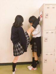  2girls bad_id bad_twitter_id black_cardigan black_hair black_socks cardigan cardigan_around_waist clothes_around_waist commentary_request covering_face foot_kabedon full_body jpeg_artifacts kabedon kneehighs leg_up locker locker_foot_kabedon_(meme) long_sleeves medium_hair meme multiple_girls original photo_(medium) plaid plaid_skirt reference_photo school_uniform shirt shoes skirt sleeves_past_fingers sleeves_past_wrists sleeves_rolled_up sneakers socks split standing standing_on_one_leg standing_split third-party_source white_shirt yuri 