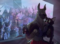  2017 anthro being_watched canid canine canis carrying_another clothed clothing detailed_background domestic_cat domestic_dog felid feline felis fur great_dane group lights looking_at_another male male/male mammal mastiff molosser nightclub paintfox topless wet wet_body wet_fur 