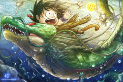  1boy ball bird black_hair commentary_request cporing dragon dragon_ball dragon_ball_(classic) dragon_ball_(object) male_focus open_mouth riding shenron_(dragon_ball) signature son_goku spiked_hair underwater watermark web_address 