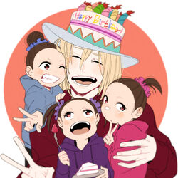  1boy 3girls ^_^ bad_id bad_pixiv_id blonde_hair blue_scrunchie brown_eyes cake cake_hat closed_eyes con_potata food food_on_face fork fruit grin hair_bun hair_ornament hair_scrunchie happy_birthday hat hood hoodie multiple_girls nishigoori_axel nishigoori_loop nishigoori_lutz open_mouth pink_scrunchie ponytail purple_scrunchie scrunchie siblings single_hair_bun sisters smile strawberry triplets twintails v yuri!!!_on_ice yuri_plisetsky 