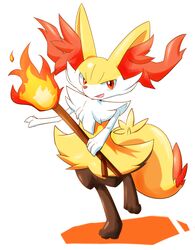  animal_ear_fluff animal_nose black_fur braixen commentary_request digitigrade fire fox highres holding holding_stick kinakomochi_(kazuna922) pokemon pokemon_(creature) pokemon_xy red_eyes snout stick white_fur yellow_fur 