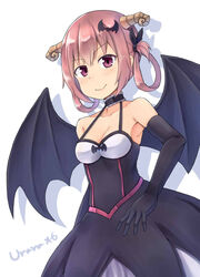  &gt;:) absurdres armpits artist_name bat_hair_ornament bat_wings black_dress breasts choker cleavage commentary_request demon_girl dress elbow_gloves female gabriel_dropout gloves hair_ornament hair_ribbon hair_rings hallelujah_essaim hand_on_own_hip highres horns red_eyes red_hair ribbon satanichia_kurumizawa_mcdowell small_breasts smile solo uraraa6 v-shaped_eyebrows white_background wings 