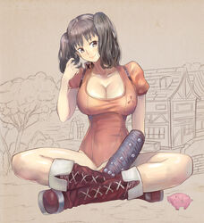  animal bad_id bad_pixiv_id boots breasts brown_eyes brown_hair cleavage crossed_legs diane_(nanatsu_no_taizai) female fingerless_gloves giant giantess gloves hawk_(nanatsu_no_taizai) hidezi large_breasts leotard nanatsu_no_taizai orange_leotard photoshop_(medium) pig red_leotard single_glove sitting size_difference smile solo twintails 