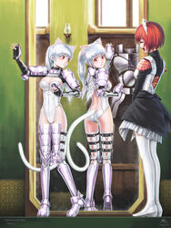  2girls absurdres animal_ears armor ass breasts cat_ears cat_tail character_request cleavage commentary darkmuleth english_commentary extra_ears fantasy_earth fantasy_earth_zero fingerless_gloves gloves highres long_hair maid medium_breasts mirror multiple_girls photoshop_(medium) ponytail red_eyes red_hair reflection short_hair tail thighhighs warrior_(fantasy_earth) warrior_(vesta_armor)_(fantasy_earth_zero) white_hair wings 