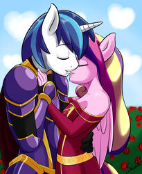  2015 absurd_res alicorn anthro anthrofied armor blue_hair breasts cape close_(disambiguation) closed_eyes clothing cloud dress duo equid equine feathered_wings feathers female flower friendship_is_magic hair hand_holding hasbro heart_symbol hi_res horn hug husband_and_wife intraspecies male male/female mammal married_couple multicolored_hair my_little_pony mythological_creature mythological_equine mythology outside plant princess_cadance_(mlp) romantic romantic_ambiance romantic_couple rose_(flower) shining_armor_(mlp) shrub skecchiart sky unicorn wings 