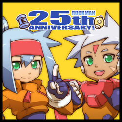  1boy anniversary ashe_(mega_man) bad_id bad_pixiv_id blue_hair commentary_request female green_eyes grey_(mega_man) mega_man_(series) mega_man_zx mega_man_zx_advent photoshop_(medium) ponytail tonami_kanji white_hair 