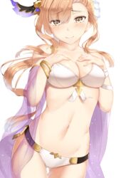  absurdres armband ass_visible_through_thighs bad_id bad_pixiv_id bare_shoulders bikini blush breasts brown_eyes brown_hair cape cleavage closed_mouth collarbone commentary english_commentary female flower granblue_fantasy groin hair_between_eyes hair_ornament hand_on_own_chest head_wings highres jewelry large_breasts long_hair looking_at_viewer mengo navel official_alternate_costume simple_background skindentation smile solo standing swimsuit thighs tweyen_(eternal&#039;s_summer_vacation)_(granblue_fantasy) tweyen_(granblue_fantasy) white_background wings 