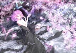  alternate_costume bad_id bad_pixiv_id black_dress breasts bug butterfly cherry_blossoms cleavage corset dress female highres medium_breasts noah_(yakumo3903) open_mouth petals pink_eyes pink_hair ribbon saigyouji_yuyuko short_hair smile strapless strapless_dress touhou 