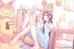  1boy bad_id bad_pixiv_id barefoot black_hair book braid couple cup dress feet female glasses indoors legs long_hair mug nail_polish necktie original red_eyes sitting smile straight stuffed_animal stuffed_toy sumimoto_ryuu toenail_polish toenails toes vest white_hair yellow_eyes 