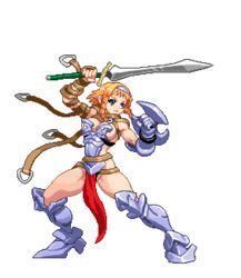  armor armored_boots blonde_hair blue_eyes boots braid breasts buckle closed_mouth commentary_request exiled_warrior_leina female fighting_stance full_body gauntlets hairband holding holding_shield holding_sword holding_weapon large_breasts leather leina_(queen&#039;s_blade) lowres pixel_art queen&#039;s_blade shield short_hair_with_long_locks side_braid sideboob solo sugeno_tomoaki sword thick_thighs thighs toned twin_braids weapon 