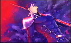  1boy bad_id bad_pixiv_id blue_hair blue_theme cu_chulainn_(fate) cu_chulainn_(fate/stay_night) earrings fate/stay_night fate_(series) gae_bolg_(fate) highres jewelry long_hair male_focus polearm ponytail red_eyes red_theme solo spear vulture_(washizu0808) weapon 