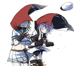  &gt;_&lt; 2girls belt beret cape commentary cowboy_shot gloves green_hair hat headband kantai_collection kiso_(kancolle) kiso_kai_ni_(kancolle) multiple_girls navel neckerchief pink_hair pleated_skirt protected_link sailor_collar short_hair skirt sorata_(sorairo_honpo) stomach tama_(kancolle) tama_kai_ni_(kancolle) thighhighs unworn_hat unworn_headwear white_background wind 