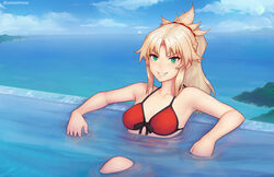  bikini blonde_hair boat braids clouds fate/grand_order fate_(series) green_eyes long_hair mordred ponytail pool sky swimsuit unsomnus water watermark 