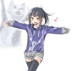  :d akari_(raigou) black_hair black_thighhighs blush cat_shooting_lightning commentary_request drawstring eighth_note feline female happy hood hoodie lightning long_hair meme_attire musical_note oerba_yun_fang open_mouth original outstretched_arms ponytail raigou sleeves_past_wrists smile solo spread_arms thick_eyebrows thighhighs yellow_eyes 