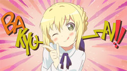  ;q ahoge artoria_pendragon_(fate) bad_id bad_pixiv_id bakyu-n!! blonde_hair derivative_work dress fate/stay_night fate_(series) female green_eyes one_eye_closed parody saber_(fate) solo style_parody tongue tongue_out tthal yuru_yuri 