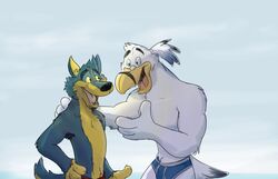  anthro armpit_hair avian better_version_at_source bird body_hair canid canine canis clothed clothing duo gull lari larid male male/male mammal open_mouth paintfox simple_background sky topless underwear wolf 